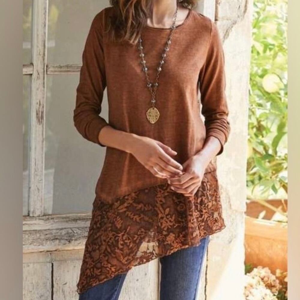 Soft Surroundings NWOT Petite Cassia Brown Silk Lace Asymmetrical Tunic Top